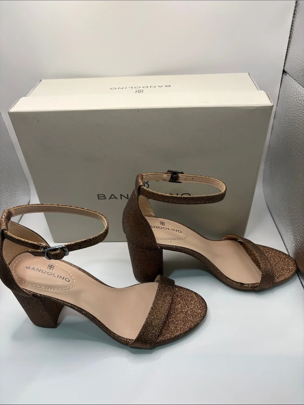 Bandolino Armory 3 Bronze Glitter Ankle-Strap Block Heels